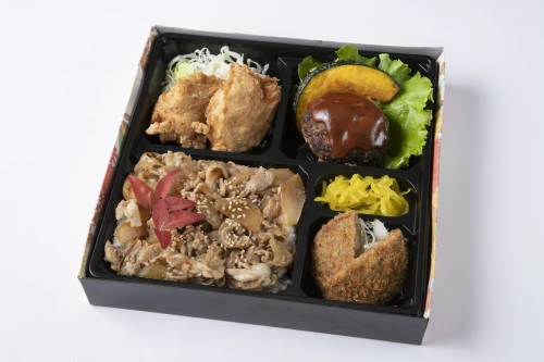 自家製デミグラスハンバーグ・鶏の唐揚げ・メンチカツの焼肉カルビ重